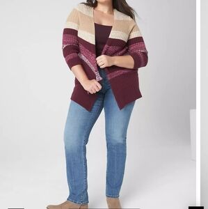 Lane Bryant Open-Front Space dye Striped  Cardigan Sweater maroon tan burgundy
